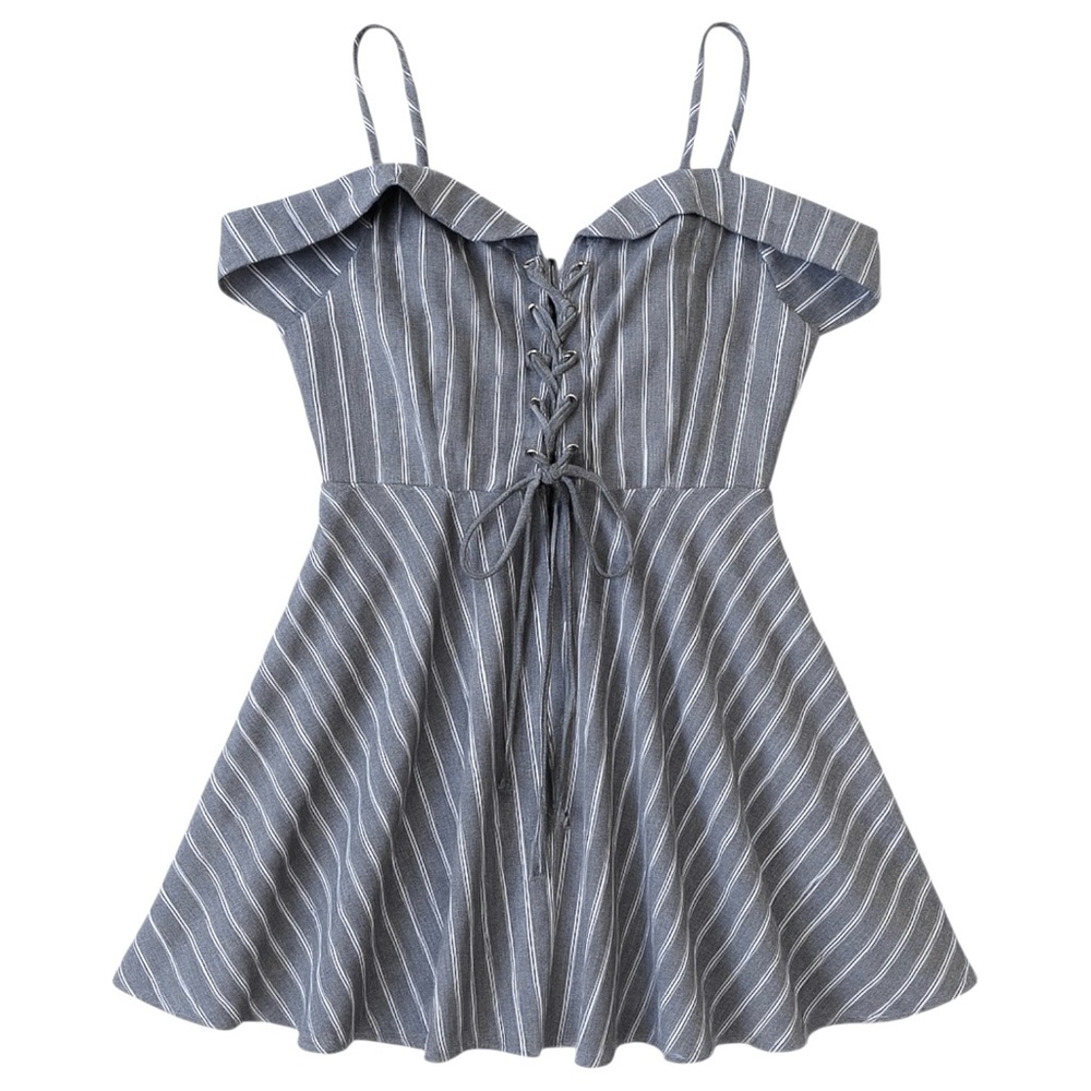 Lace-Up Fit & Flare Dress • Blue & White • Size S